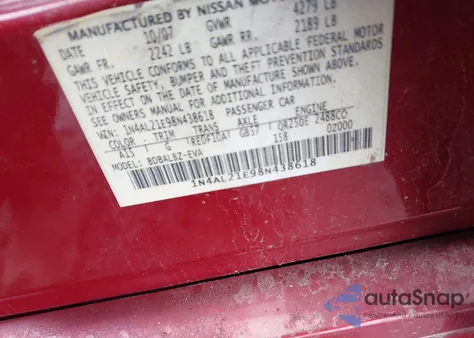 2008 Nissan Altima 2.5/2.5S z USA, uszkodzony, nr VIN 1N4AL21E98N438618